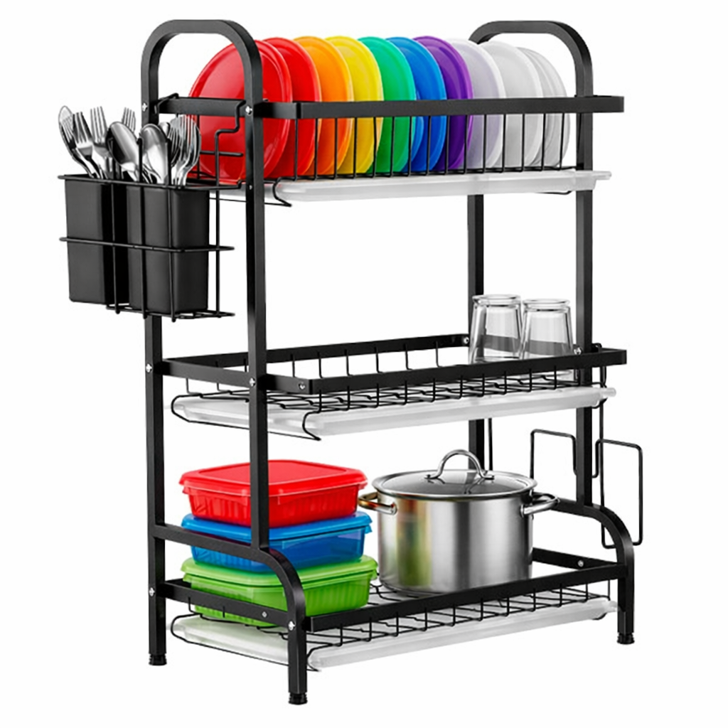 Escurridor de Platos de 3 Niveles con Bandejas de Drenaje y Porta Cubiertos – Organizador Multifuncional para Cocina