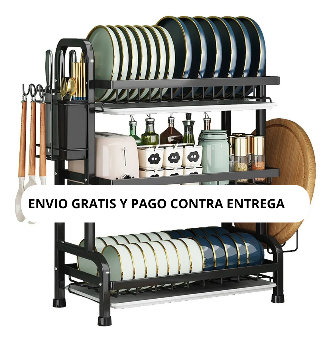 Escurridor de Platos de 3 Niveles con Bandejas de Drenaje y Porta Cubiertos – Organizador Multifuncional para Cocina