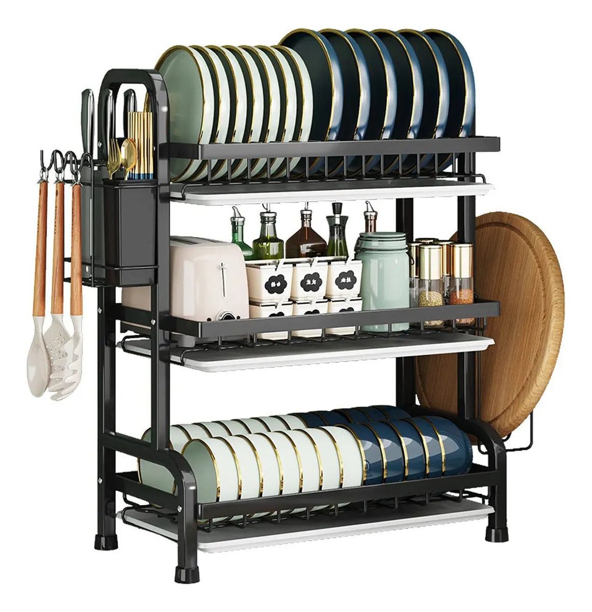 Escurridor de Platos de 3 Niveles con Bandejas de Drenaje y Porta Cubiertos – Organizador Multifuncional para Cocina
